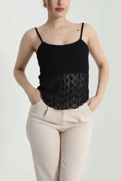 Siyah Ayarlanabilir İp Askılı Kadın Tül Bluz 470266