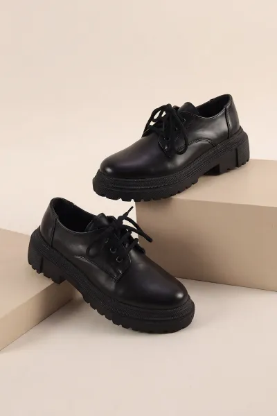 Siyah Bağcıklı Kadın Loafer Ayakkabı 433388