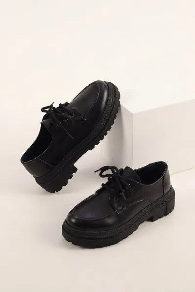 Siyah Bağcıklı Kadın Loafer Ayakkabı 433531