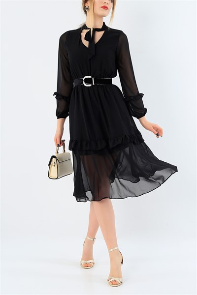 Siyah Bağcıklı Yaka Şifon Elbise 30032B