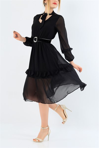 Siyah Bağcıklı Yaka Şifon Elbise 30032B