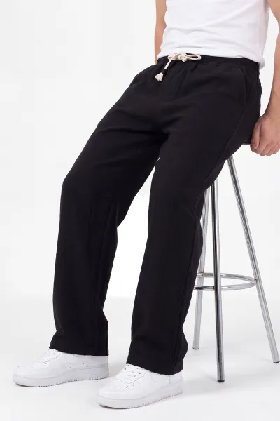 Siyah Baggy Ham Keten Belden Bağlamalı Erkek Pantolon 459576