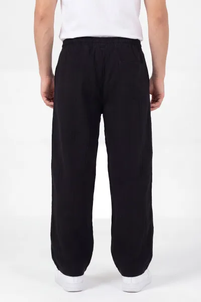 Siyah Baggy Ham Keten Belden Bağlamalı Erkek Pantolon 459576