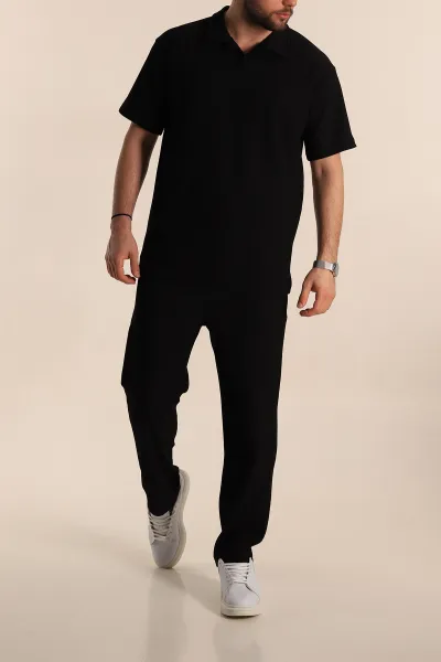 Siyah Baggy Jakarlı Polo Yaka Tişörtlü Eşofman Takımı 269184