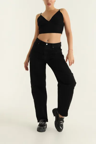 Siyah Baggy Likralı Bayan Kot Pantolon 303728