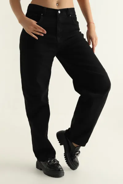 Siyah Baggy Likralı Bayan Kot Pantolon 303728