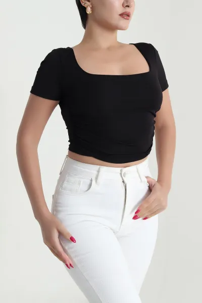 Siyah Bağlamalı Büzgülü Crop Bluz 477661