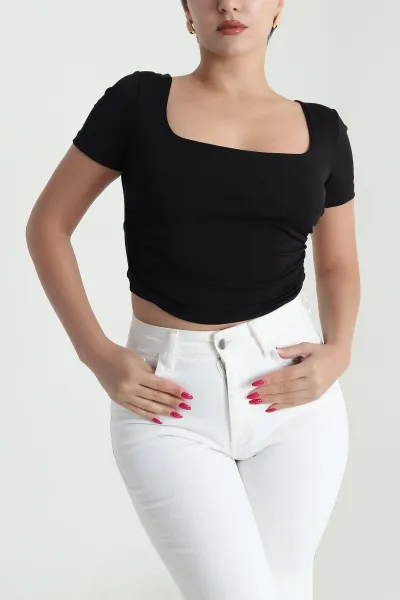 Siyah Bağlamalı Büzgülü Crop Bluz 477661