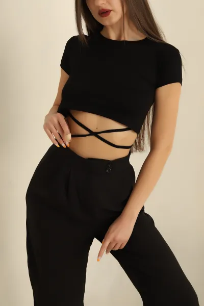 Siyah Bağlamalı Crop Bluz 268974