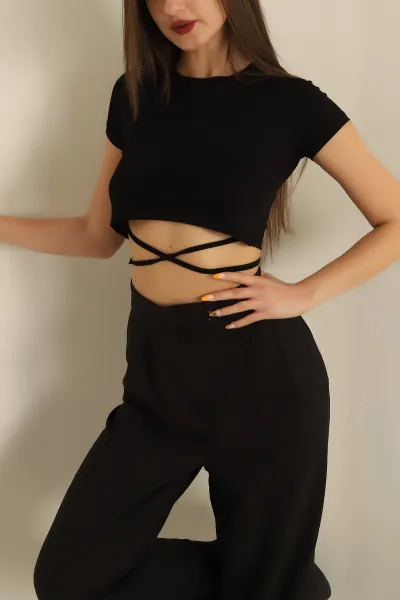 Siyah Bağlamalı Crop Bluz 268974
