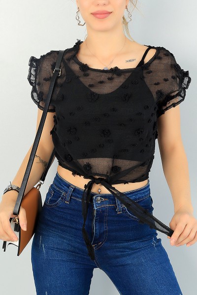Siyah Bağlamalı Keten Bluz 64817