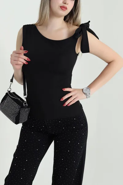 Siyah Bağlamalı Scuba Kadın Bluz 467223