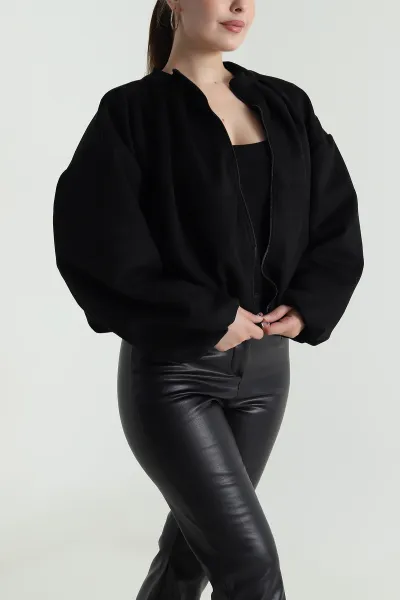 Siyah Balon Bomber Kadın Süet Mont 483998