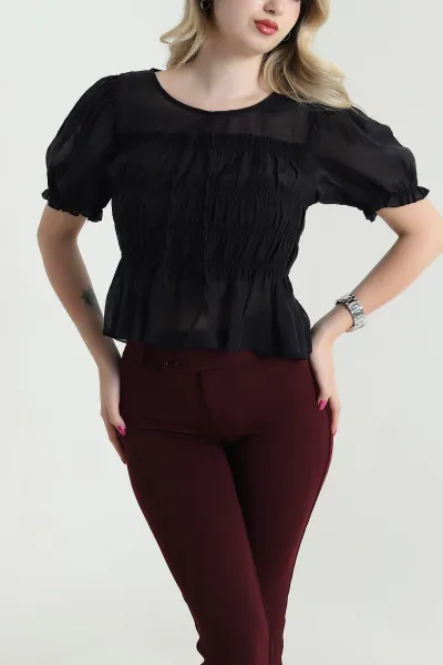 Siyah Balon Kol Tencel Kadın Bluz 463192