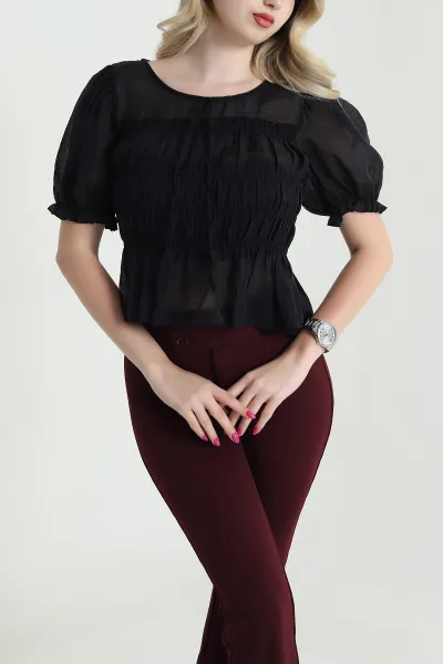 Siyah Balon Kol Tencel Kadın Bluz 463192
