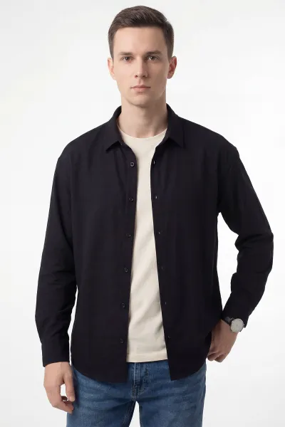 Siyah Bambu Keten Oversize Erkek Gömlek 449836