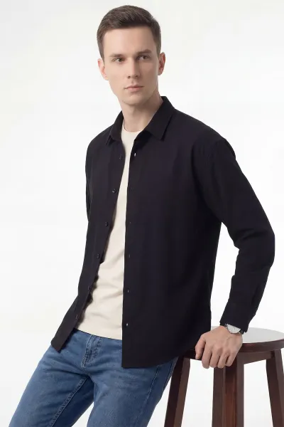 Siyah Bambu Keten Oversize Erkek Gömlek 449836