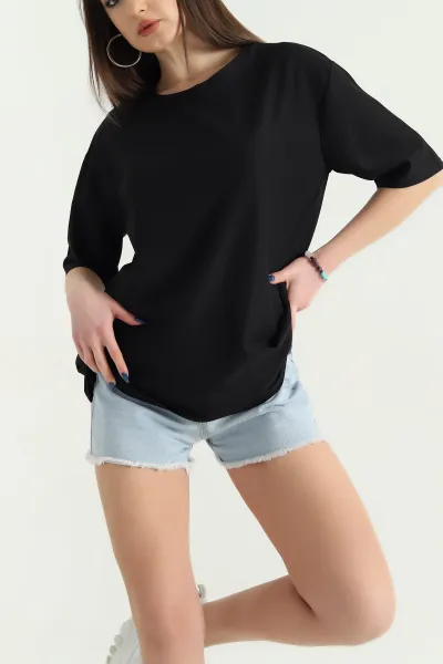 Siyah Basic Dokulu Bayan Tişört 337678