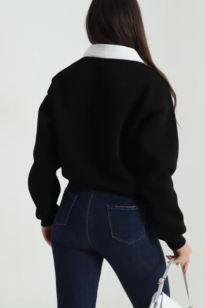 Siyah Baskılı Astarlı Üç İp Kadın Sweat 494123