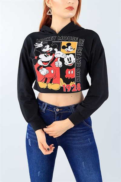 Siyah Baskılı Bayan Crop Sweat 38972