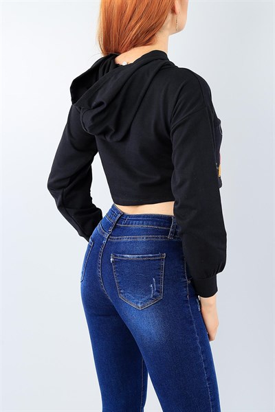 Siyah Baskılı Bayan Crop Sweat 38972