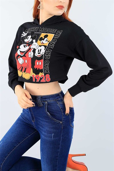 Siyah Baskılı Bayan Crop Sweat 38972