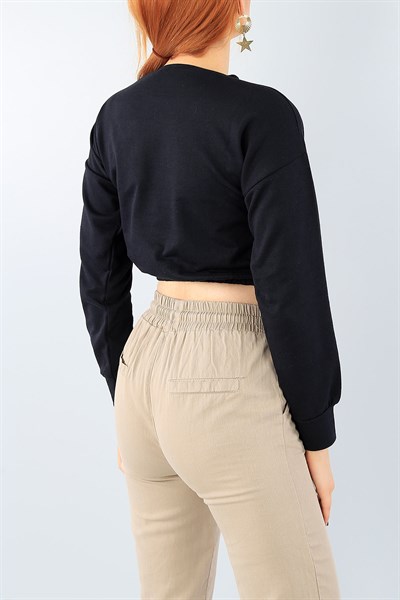 Siyah Baskılı Bayan Crop Sweat 38975