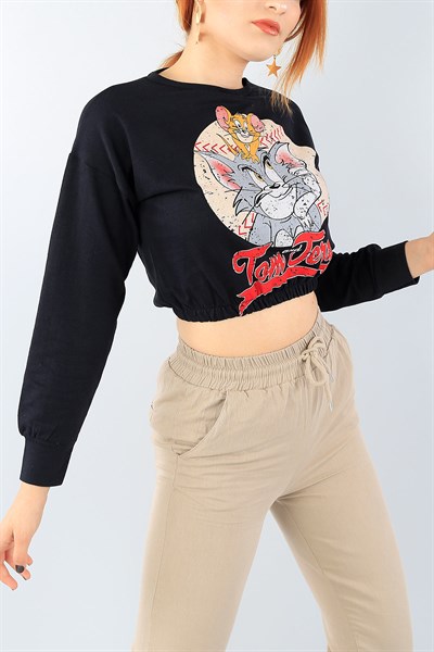 Siyah Baskılı Bayan Crop Sweat 38975