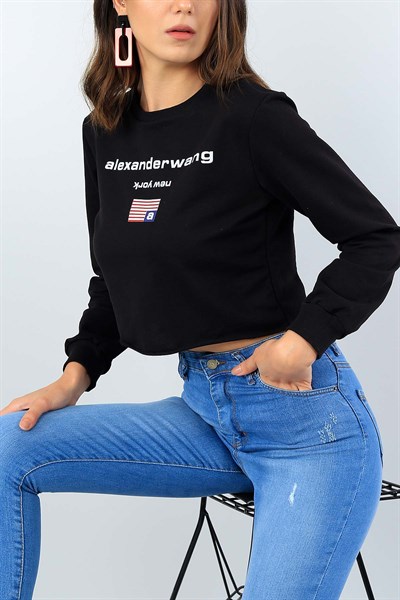 Siyah Baskılı Bayan Crop Sweat 39698
