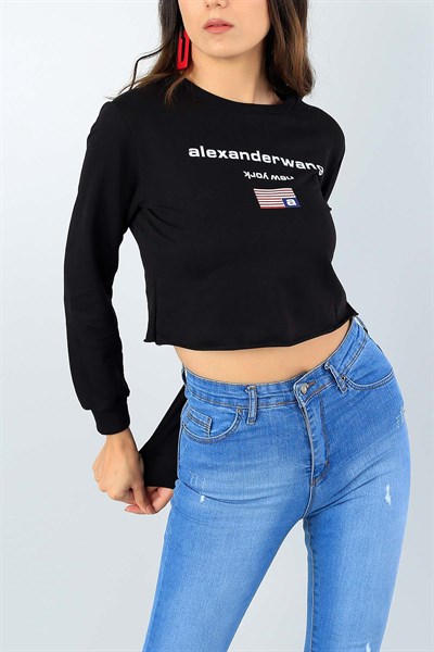 Siyah Baskılı Bayan Crop Sweat 39698