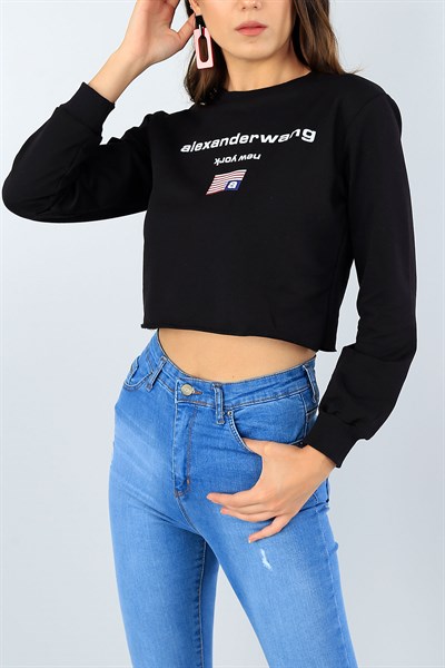 Siyah Baskılı Bayan Crop Sweat 39698