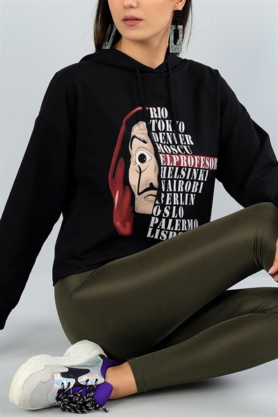 Siyah Baskılı Bayan Kapüşonlu Sweat 39820