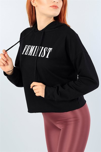 Siyah Baskılı Bayan Kapüşonlu Sweat 39835