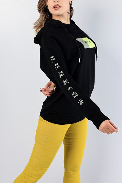 Siyah Baskılı Bayan Kapüşonlu Sweat 81208