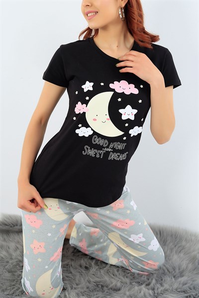 Siyah Baskılı Bayan Pijama Takımı 32066