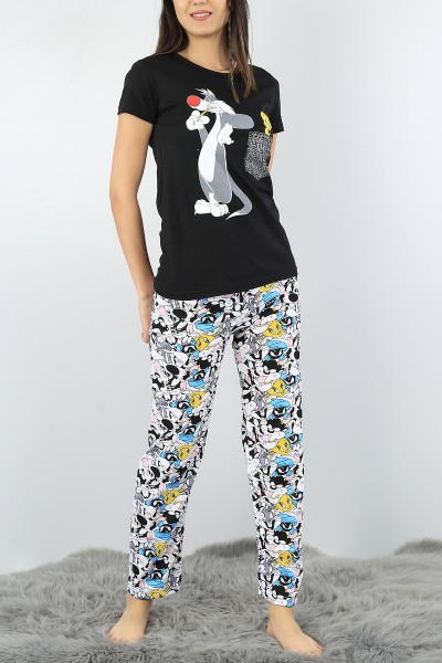Siyah Baskılı Bayan Pijama Takımı 52336