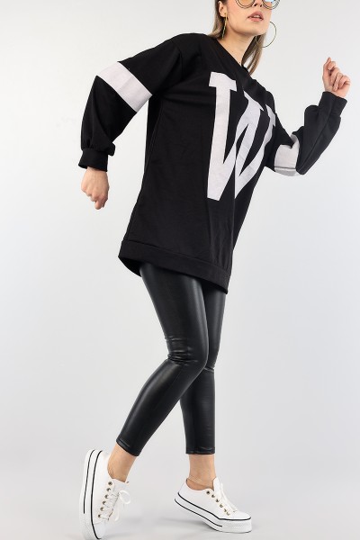 Siyah Baskılı Bisiklet Yaka Sweat Tunik 88776