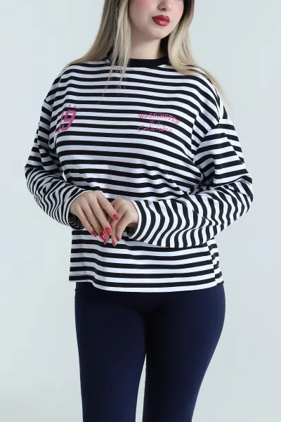 Siyah Baskılı Çizgili Tasarım Kadın Sweat 493806