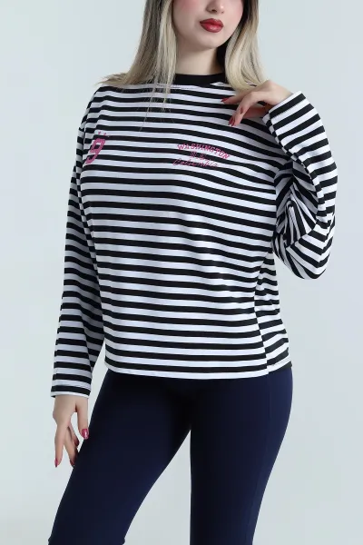 Siyah Baskılı Çizgili Tasarım Kadın Sweat 493806