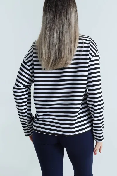 Siyah Baskılı Çizgili Tasarım Kadın Sweat 493806
