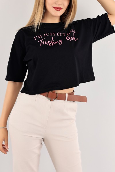 Siyah Baskılı Crop Tişört 115290