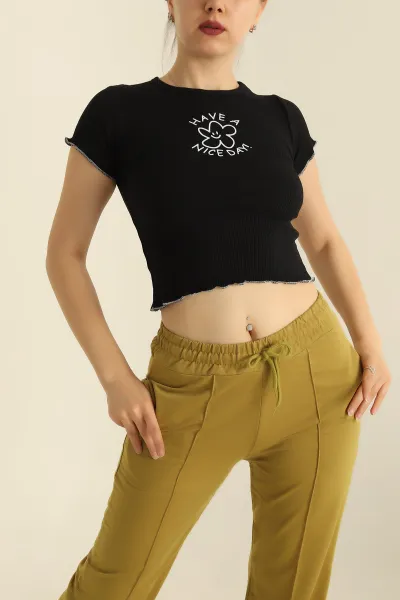 Siyah Baskılı Fitilli Bayan Bluz 279668