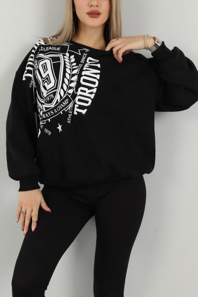 Siyah Baskılı İçi Şardonlu Bayan Sweat 144006
