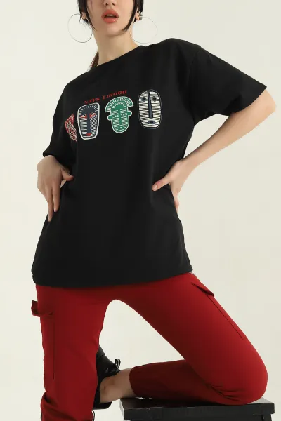 Siyah Baskılı İki İp Kadın Oversize Tişört 356679