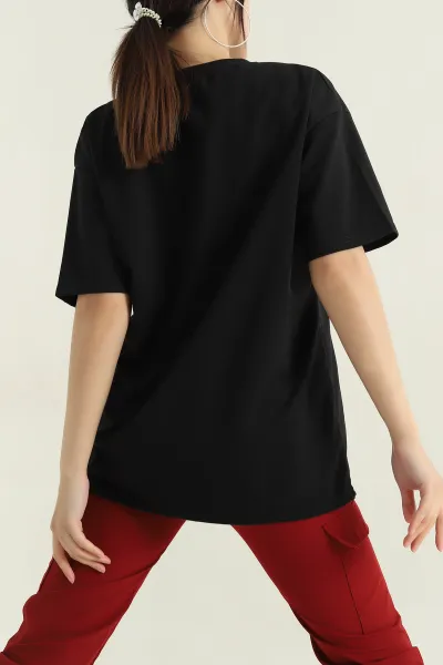 Siyah Baskılı İki İp Kadın Oversize Tişört 356679