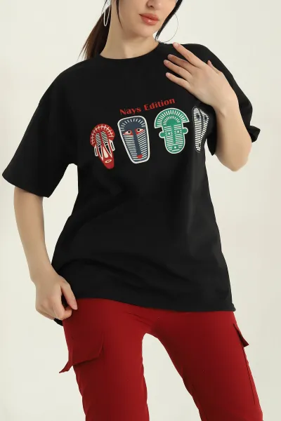 Siyah Baskılı İki İp Kadın Oversize Tişört 356679