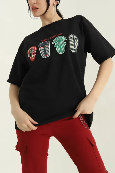 Siyah Baskılı İki İp Kadın Oversize Tişört 356679