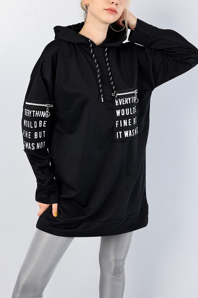 Siyah Baskılı Kapüşonlu Sweat Tunik 76497