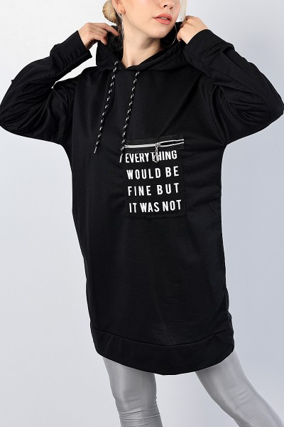 Siyah Baskılı Kapüşonlu Sweat Tunik 76497