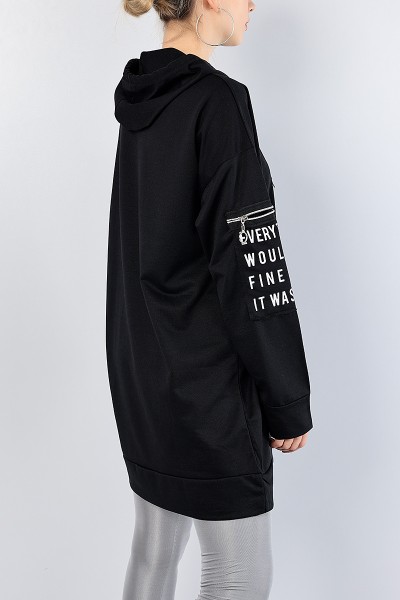 Siyah Baskılı Kapüşonlu Sweat Tunik 76497
